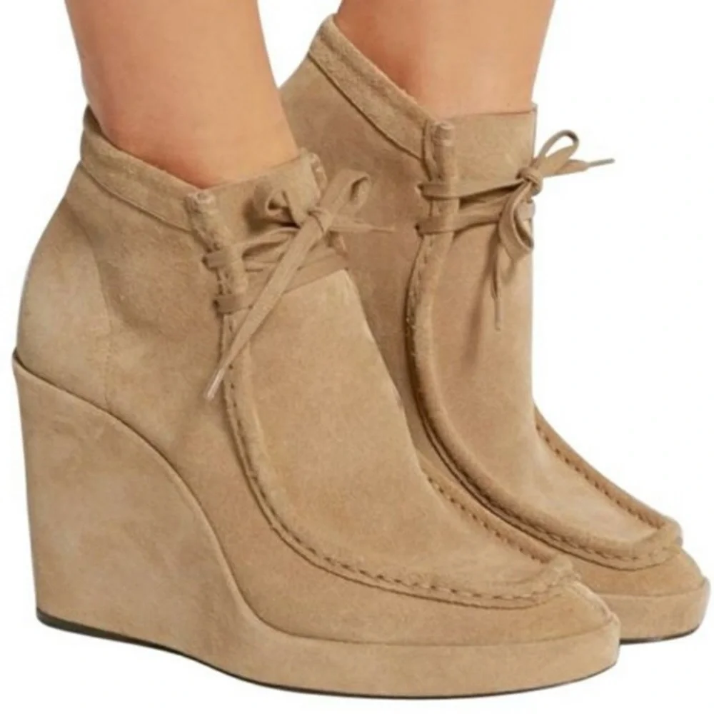 Auth Balenciaga Suede Wedge Tan Tie Ankle Boots - Picture 1 of 3